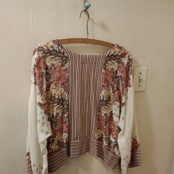 Free People Sz S/P boxy Blouse V Neck wide sleeves cream orange pattern striped - Picture 4 of 6